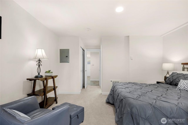 3604 22nd Ave W, Seattle, WA 98199 - bedroom featuring light colored carpet, electric panel, and baseboards