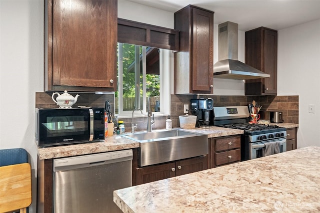477 SE Old Arcadia Rd, Shelton, WA 98584 - kitchen with wall chimney range hood, stainless steel appliances, a sink, and decorative backsplash