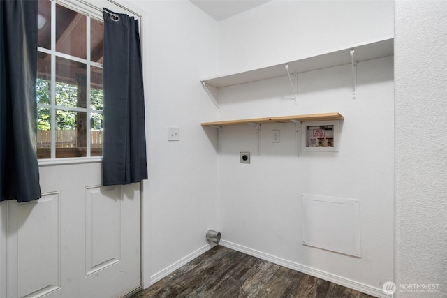 477 SE Old Arcadia Rd, Shelton, WA 98584 - washroom featuring washer hookup, dark wood-style flooring, baseboards, and electric dryer hookup