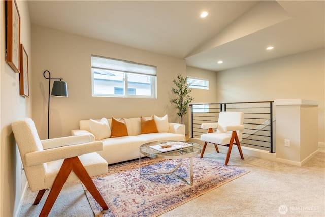 33488 Golden Lakes Ln SE, Black Diamond, WA 98010 - living room featuring carpet, recessed lighting, baseboards, and vaulted ceiling