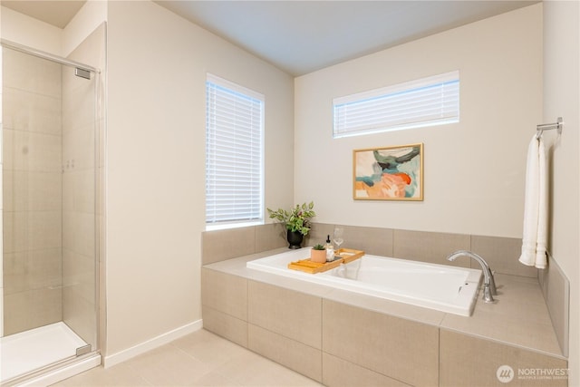 33488 Golden Lakes Ln SE, Black Diamond, WA 98010 - full bath with a garden tub, a stall shower, tile patterned flooring, and baseboards