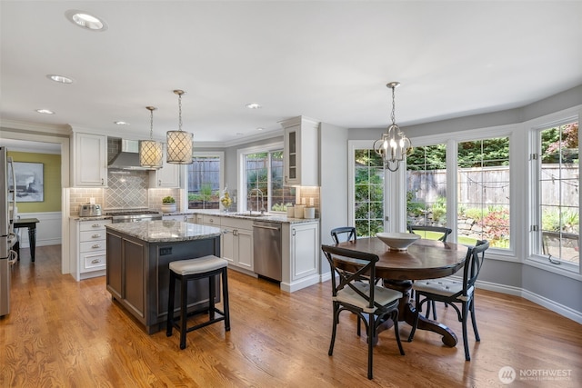 20520 NE 35th Pl, Sammamish, WA 98074 - kitchen featuring stainless steel appliances, wall chimney exhaust hood, white cabinets, plenty of natural light, and recessed lighting