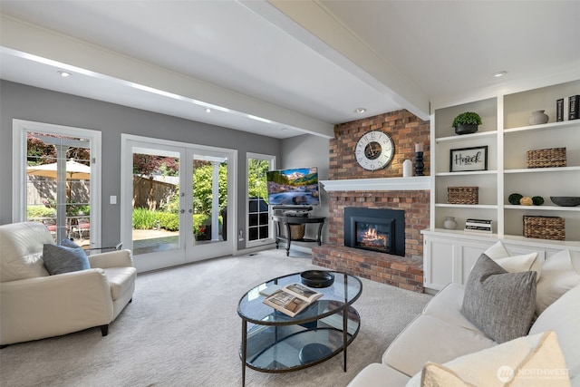 20520 NE 35th Pl, Sammamish, WA 98074 - carpeted living room with healthy amount of natural light, a brick fireplace, french doors, beam ceiling, and recessed lighting