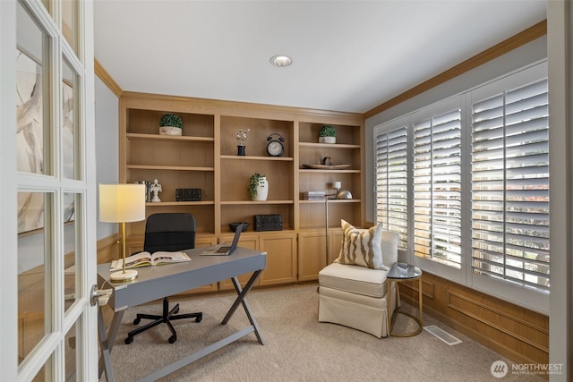 20520 NE 35th Pl, Sammamish, WA 98074 - home office featuring light carpet, ornamental molding, built in features, and french doors
