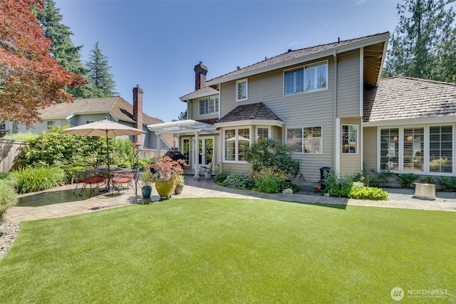 20520 NE 35th Pl, Sammamish, WA 98074 - rear view of house with a pergola, a patio, and a chimney