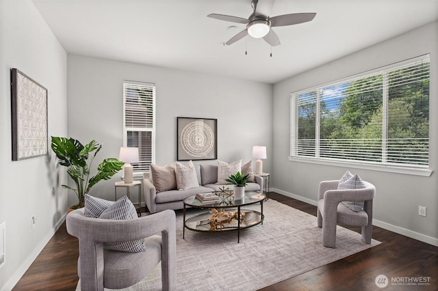 1900 Weaver Rd Unit C106, Snohomish, WA 98290 - living area with dark wood-style flooring and a ceiling fan
