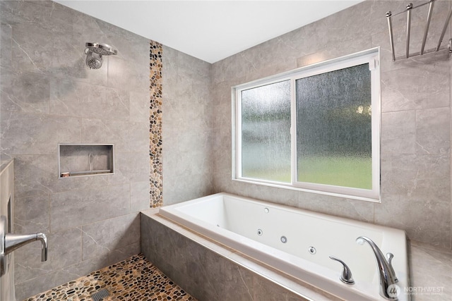 3318 18th Ave SE, Olympia, WA 98501 - full bathroom with a jetted tub, tile walls, and a tile shower
