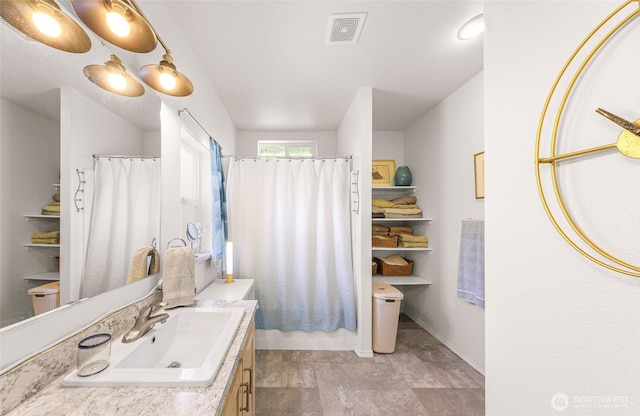 8412 Richard Way, Blaine, WA 98230 - bathroom with vanity, a shower with shower curtain, and baseboards