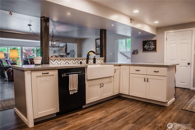 5363 Reese Hill Rd, Sumas, WA 98295 - kitchen with black dishwasher, a sink, open floor plan, dark wood-type flooring, and recessed lighting
