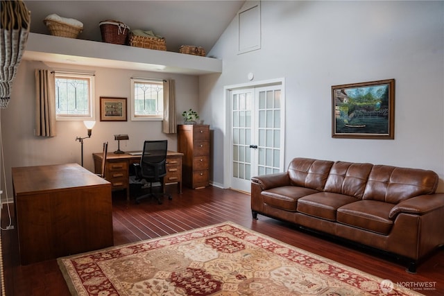 5363 Reese Hill Rd, Sumas, WA 98295 - office with dark wood-style floors, french doors, high vaulted ceiling, and baseboards