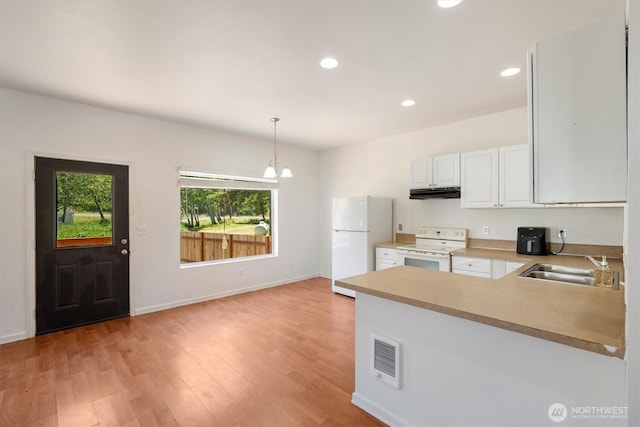 12 Fairgrounds Rd, Skamokawa, WA 98647 - kitchen with white appliances, under cabinet range hood, a sink, white cabinets, and hanging light fixtures