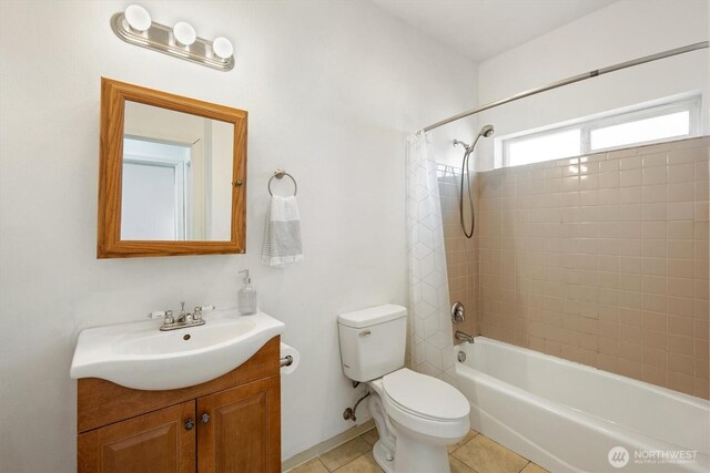 12 Fairgrounds Rd, Skamokawa, WA 98647 - full bathroom featuring vanity, toilet, shower / bathtub combination with curtain, and tile patterned floors