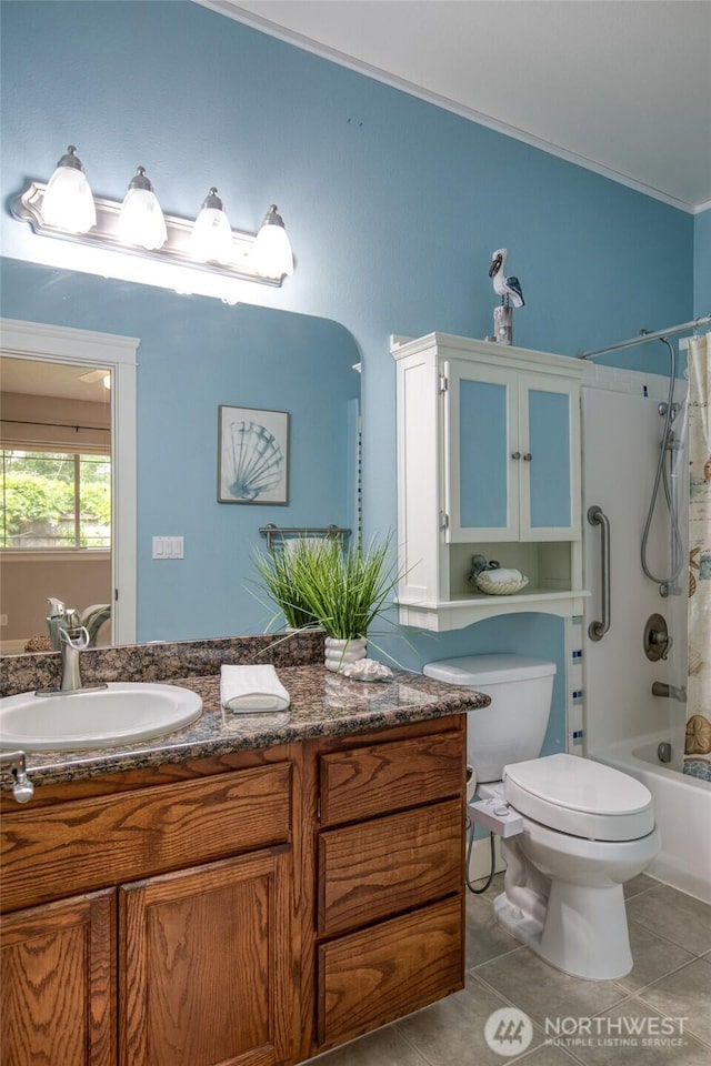 566 Duck Lake Dr SE, Ocean Shores, WA 98569 - bathroom featuring vanity, shower / bathtub combination with curtain, toilet, tile patterned floors, and crown molding