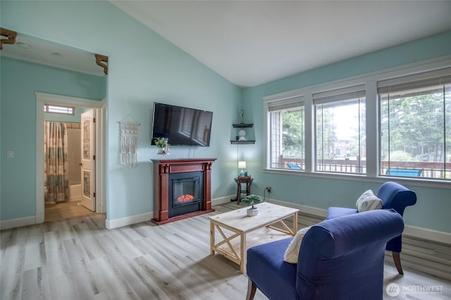 566 Duck Lake Dr SE, Ocean Shores, WA 98569 - living area with vaulted ceiling, plenty of natural light, light wood-style flooring, a glass covered fireplace, and baseboards