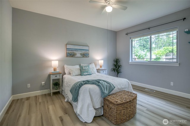 566 Duck Lake Dr SE, Ocean Shores, WA 98569 - bedroom featuring light wood-style flooring, baseboards, and a ceiling fan