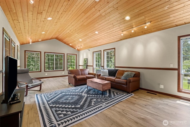 12606 Icicle Ln, Leavenworth, WA 98826 - living room with wood ceiling, lofted ceiling, healthy amount of natural light, light wood-type flooring, and baseboards
