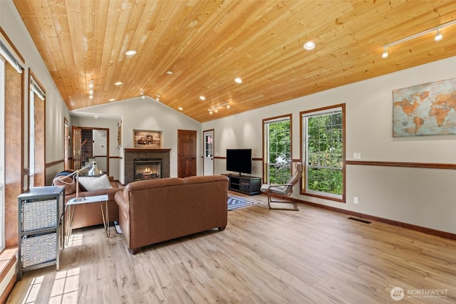 12606 Icicle Ln, Leavenworth, WA 98826 - living area with wooden ceiling, lofted ceiling, light wood-type flooring, a glass covered fireplace, and baseboards