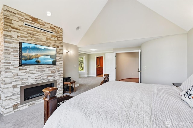 18913 SE 174th Way, Renton, WA 98058 - bedroom featuring carpet, a fireplace, high vaulted ceiling, baseboards, and recessed lighting