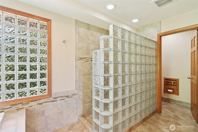 18913 SE 174th Way, Renton, WA 98058 - full bathroom with walk in shower, tile walls, tile patterned flooring, and recessed lighting