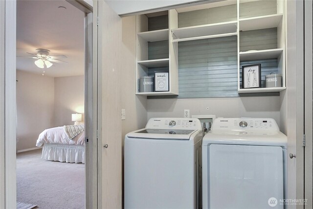 3163 Walker Rd, Dupont, WA 98327 - laundry room featuring washing machine and dryer, a ceiling fan, carpet floors, and baseboards