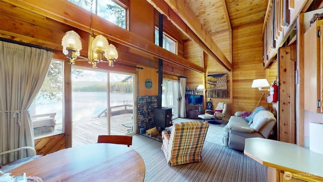 90B Moore Dr, Riverside, WA 98849 - dining room with a wood stove, wooden walls, a chandelier, and wood ceiling