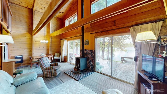 90B Moore Dr, Riverside, WA 98849 - living area with wooden walls, healthy amount of natural light, a wood stove, wood ceiling with exposed beams, and wood finished floors