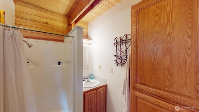 90B Moore Dr, Riverside, WA 98849 - full bath featuring vanity, wooden ceiling, and a shower with curtain