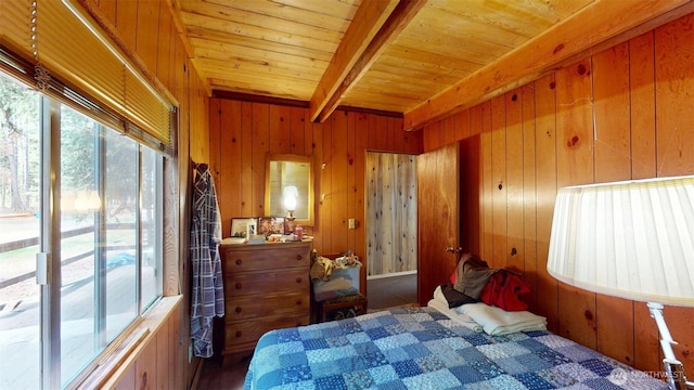 90B Moore Dr, Riverside, WA 98849 - bedroom with multiple windows, wood walls, and wooden ceiling with exposed beams