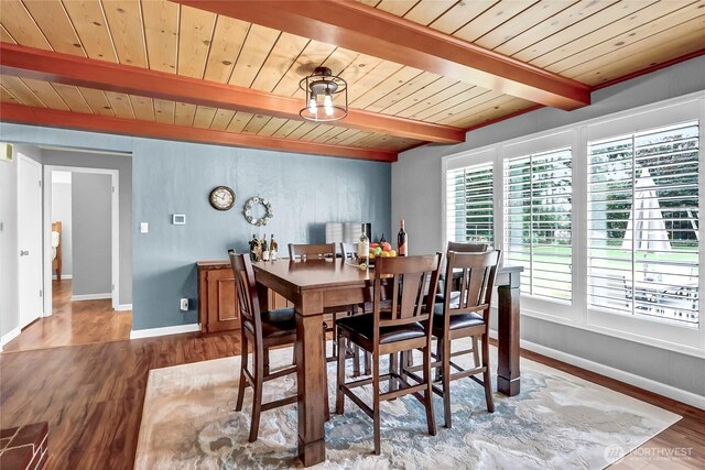 8402 57th Ave E, Puyallup, WA 98371 - dining room featuring wooden ceiling with exposed beams, wood finished floors, and baseboards