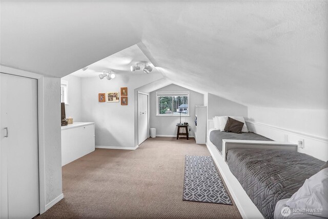 8402 57th Ave E, Puyallup, WA 98371 - bedroom with light colored carpet, vaulted ceiling, and baseboards