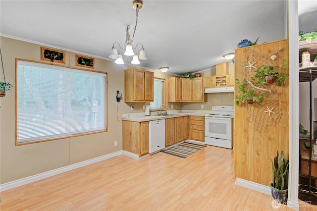 140 Leland Rd, Longview, WA 98632 - kitchen featuring white appliances, light wood-style flooring, light countertops, under cabinet range hood, and a chandelier