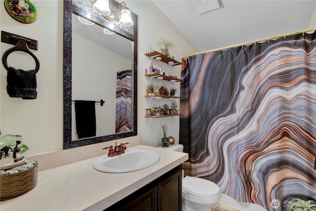 140 Leland Rd, Longview, WA 98632 - full bathroom with toilet, vanity, vaulted ceiling, and curtained shower
