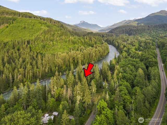 25921 Clear Creek Rd, Darrington, WA 98241 - aerial view of property and surrounding area with a heavily wooded area and a mountain backdrop