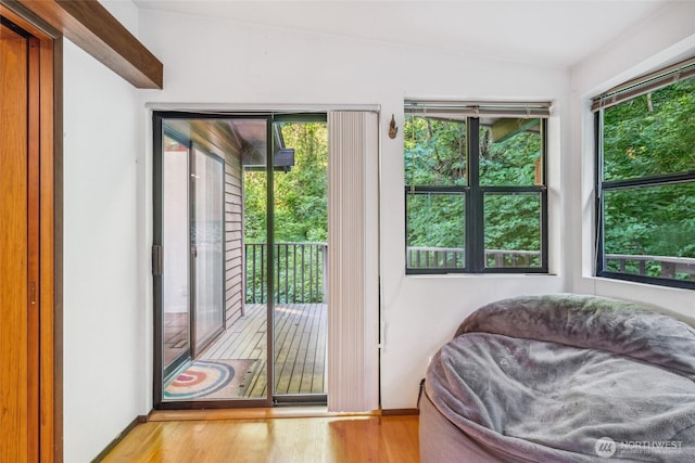 4119 NE 142nd St, Seattle, WA 98125 - doorway to outside featuring wood finished floors, plenty of natural light, and lofted ceiling