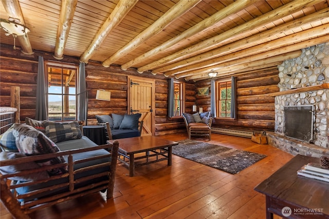132 Twin Lakes Rd, Winthrop, WA 98862 - living area with a wood ceiling with exposed beams, wood-type flooring, a fireplace, a baseboard heating unit, and rustic walls