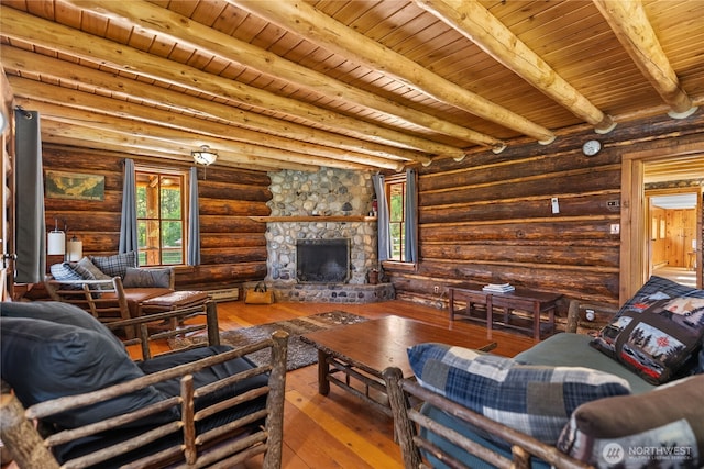 132 Twin Lakes Rd, Winthrop, WA 98862 - living area featuring plenty of natural light, wood-type flooring, a wooden ceiling with exposed beams, and a fireplace
