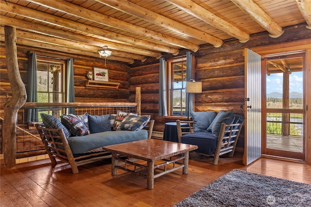 132 Twin Lakes Rd, Winthrop, WA 98862 - living area featuring wood-type flooring, log walls, a wood ceiling with exposed beams, a mountain view, and a baseboard radiator