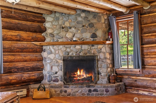 132 Twin Lakes Rd, Winthrop, WA 98862 - detailed view of wood finished floors, a stone fireplace, and log walls
