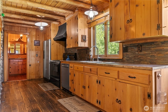 132 Twin Lakes Rd, Winthrop, WA 98862 - kitchen featuring premium range hood, a wooden ceiling with exposed beams, stainless steel appliances, dark wood-style floors, and tasteful backsplash