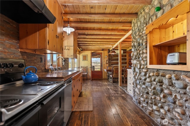 132 Twin Lakes Rd, Winthrop, WA 98862 - kitchen with black range with electric cooktop, extractor fan, dark wood-type flooring, log walls, and stainless steel dishwasher