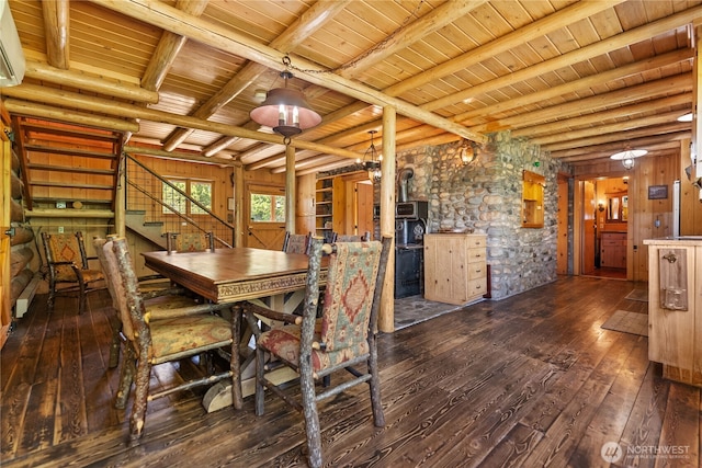 132 Twin Lakes Rd, Winthrop, WA 98862 - unfurnished dining area featuring dark wood-style flooring, stairway, a wood stove, a wooden ceiling with exposed beams, and wood walls