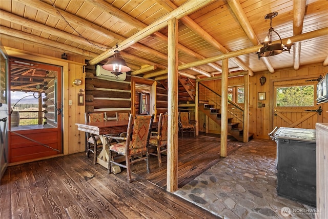 132 Twin Lakes Rd, Winthrop, WA 98862 - miscellaneous room featuring hardwood / wood-style flooring, a wooden ceiling with exposed beams, a chandelier, and stairway