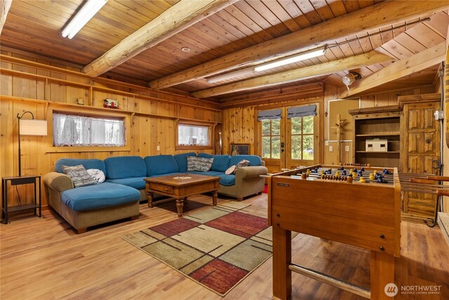 132 Twin Lakes Rd, Winthrop, WA 98862 - playroom with a wooden ceiling with exposed beams, french doors, wooden walls, and wood finished floors