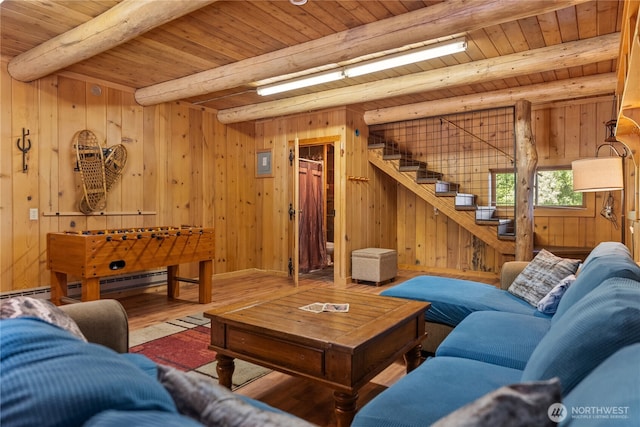 132 Twin Lakes Rd, Winthrop, WA 98862 - living area featuring a wood ceiling with exposed beams, wood finished floors, stairway, wooden walls, and baseboard heating
