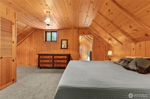 132 Twin Lakes Rd, Winthrop, WA 98862 - bedroom featuring vaulted ceiling, wood ceiling, carpet, and wood walls