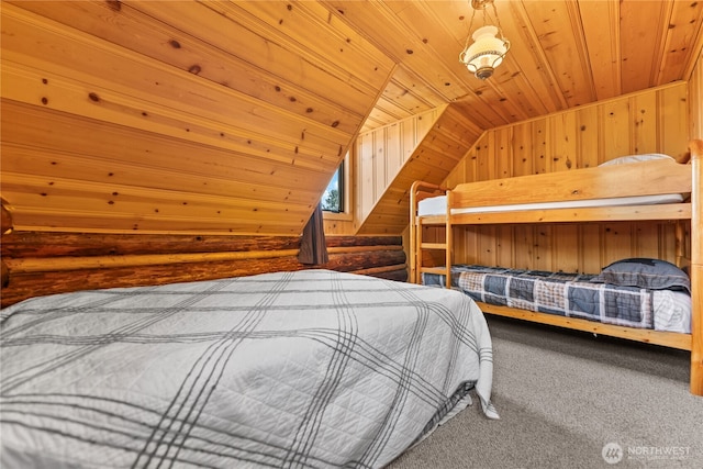 132 Twin Lakes Rd, Winthrop, WA 98862 - bedroom with wooden ceiling, lofted ceiling, carpet floors, and wooden walls