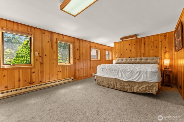 132 Twin Lakes Rd, Winthrop, WA 98862 - bedroom with multiple windows, baseboard heating, wood walls, and carpet floors