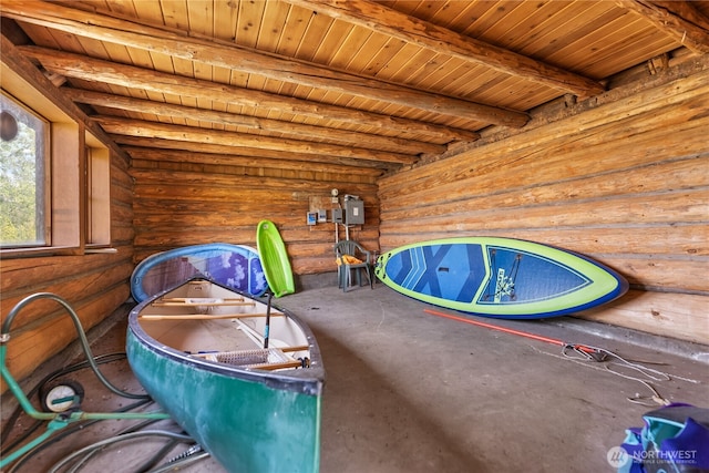 132 Twin Lakes Rd, Winthrop, WA 98862 - misc room with log walls and a wooden ceiling with exposed beams