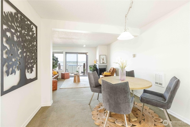 1755 W Sunn Fjord Ln Unit D65, Bremerton, WA 98312 - carpeted dining room with baseboards, a fireplace, and a textured ceiling