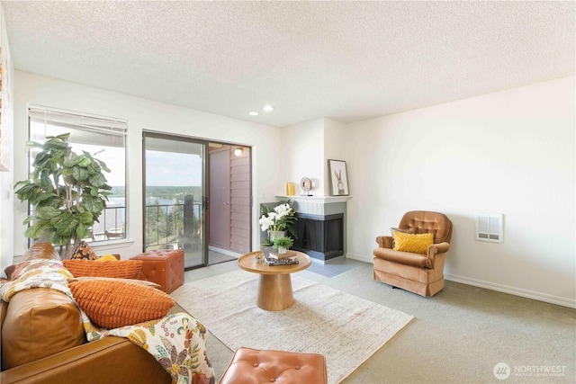 1755 W Sunn Fjord Ln Unit D65, Bremerton, WA 98312 - living room featuring a textured ceiling, a multi sided fireplace, carpet floors, recessed lighting, and baseboards